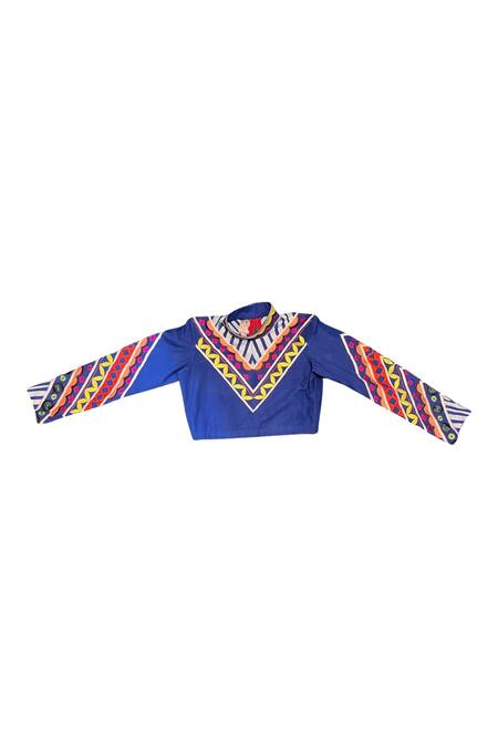 KA-Sha_Blue Cotton Applique Band Collar Rangeela Geometric Crop Top _Online_at_Aza_Fashions