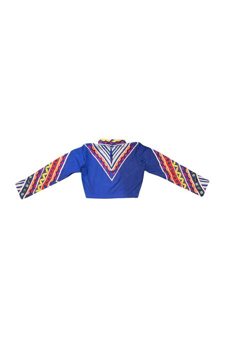 Buy_KA-Sha_Blue Cotton Applique Band Collar Rangeela Geometric Crop Top _Online_at_Aza_Fashions