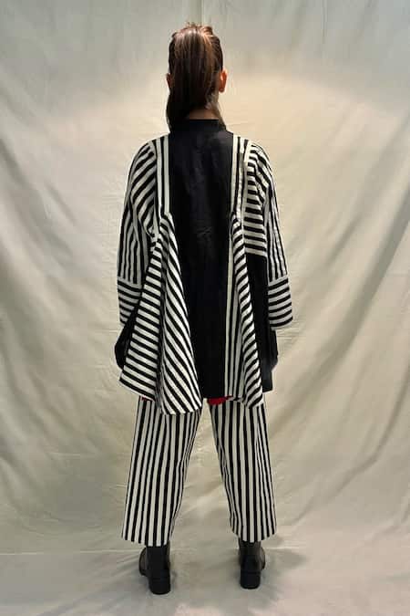 Shop KA-Sha Black Cotton Applique Sada Striped Pant at Aza Fashions Shop_KA-Sha_Black Cotton Applique Sada Striped Pant _at_Aza_Fashions