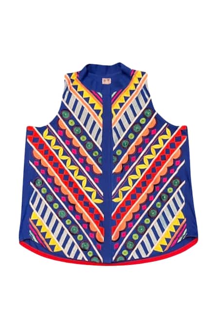 KA-Sha_Blue Cotton Applique Mandarin Collar Wasabi Geometric Crop Shirt _Online_at_Aza_Fashions