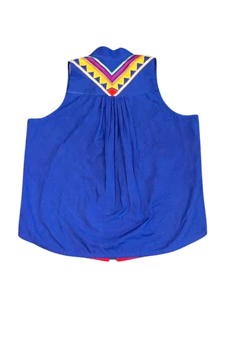 Buy_KA-Sha_Blue Cotton Applique Mandarin Collar Wasabi Geometric Crop Shirt _Online_at_Aza_Fashions