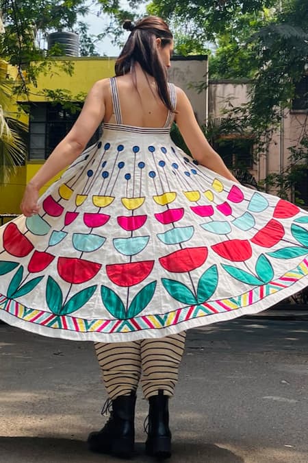 Shop_KA-Sha_Multi Color Cotton Applique Square Neck Buddy Bloom And Corded Dress _at_Aza_Fashions