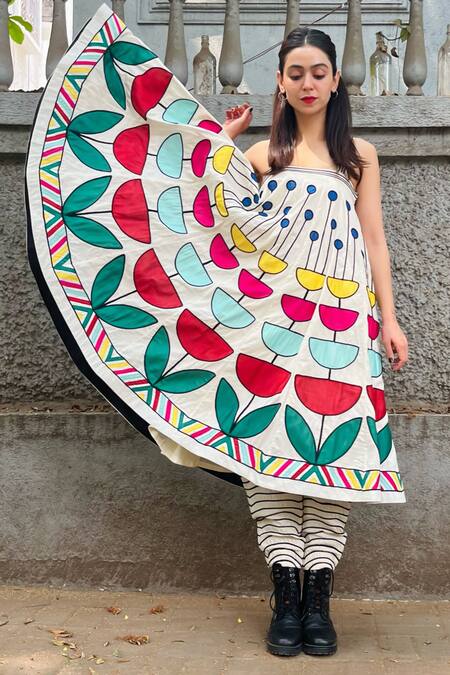 Shop_KA-Sha_Multi Color Cotton Applique Square Neck Buddy Bloom And Corded Dress _Online_at_Aza_Fashions