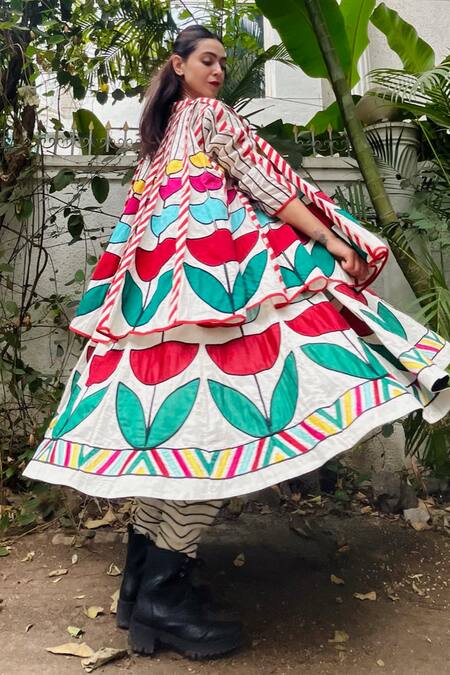 Buy_KA-Sha_Multi Color Cotton Applique Square Neck Buddy Bloom And Corded Dress 