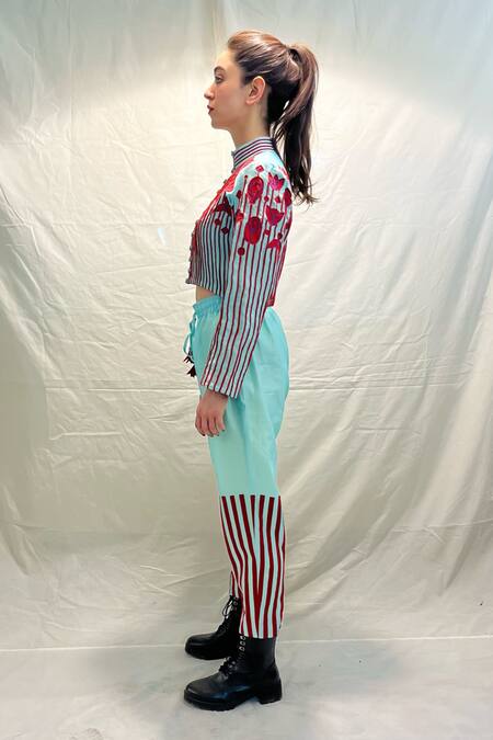 Shop_KA-Sha_Blue Chanderi Cording Mandarin Collar Eve Rose Bloom Applique Corded Crop Top _Online_at_Aza_Fashions