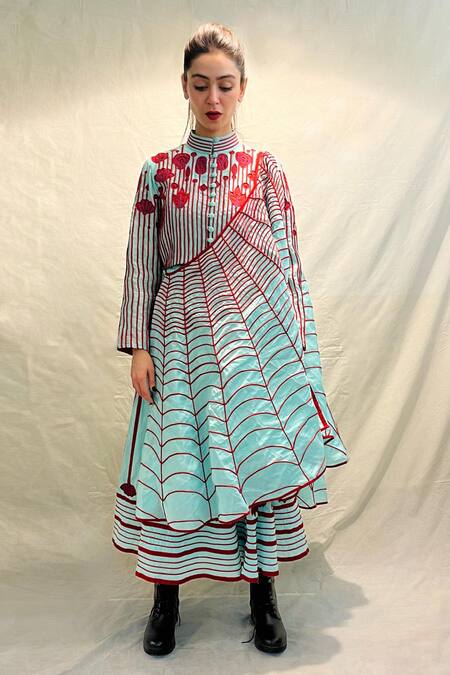 Buy_KA-Sha_Blue Chanderi Cording One Shoulder Eve Rose Applique And Web Corded Saree Dress 