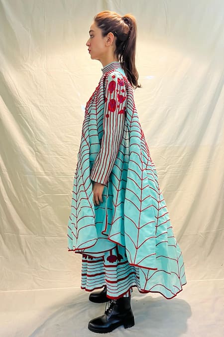 Shop_KA-Sha_Blue Chanderi Cording One Shoulder Eve Rose Applique And Web Corded Saree Dress 