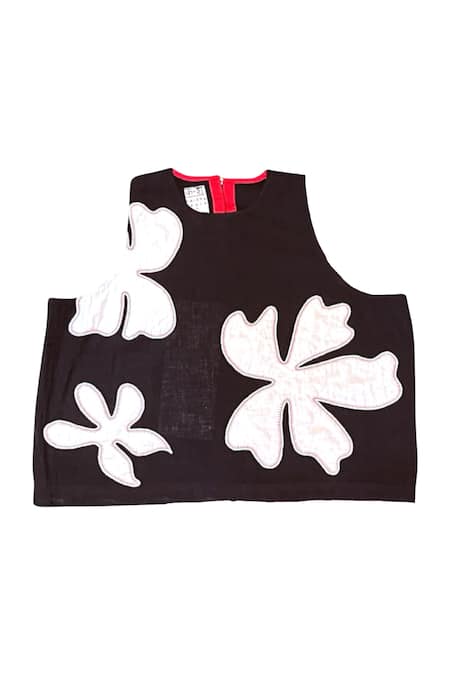 KA-Sha_Black Kala Cotton Applique Halter Neck Floma Fleur Crop Top _Online_at_Aza_Fashions