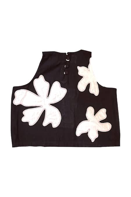Buy_KA-Sha_Black Kala Cotton Applique Halter Neck Floma Fleur Crop Top _Online_at_Aza_Fashions