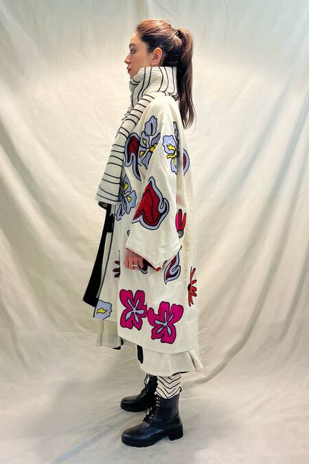 Shop_KA-Sha_Off White Applique Thakur Striped Scarf _Online_at_Aza_Fashions