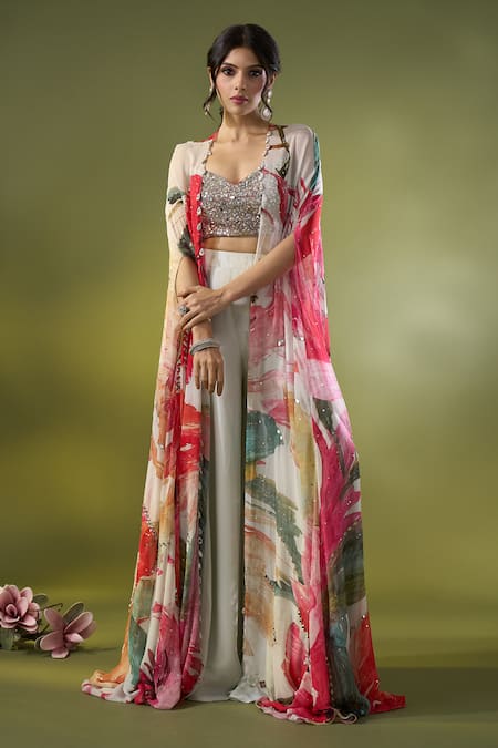 Basanti - Kapde Aur Koffee x AZA Multi Color Pant Crepe Printed Abstract Floral Cape Open And Flared Set
