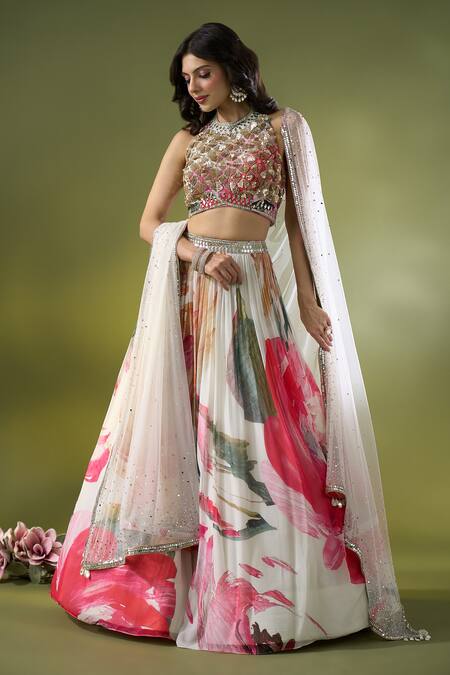 Basanti - Kapde Aur Koffee x AZA Multi Color Georgette Printed Abstract Floral Fower Bloom Pleated Lehenga Set