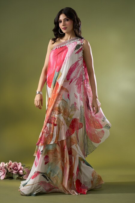 Basanti - Kapde Aur Koffee x AZA Multi Color Georgette Printed Abstract Floral Tunic One Shoulder Sharara Set