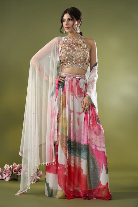 Basanti - Kapde Aur Koffee x AZA Multi Color Crepe Embroidery Sequin Halter Neck Crop Top Sharara Set