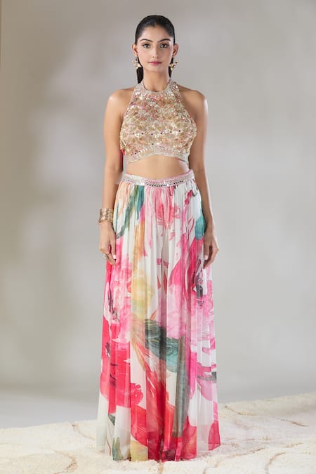 Basanti - Kapde Aur Koffee_Multi Color Crepe, Georgette Sequins, Beads, Embroidered Crop Top Sharara Set_Online_at_Aza_Fashions