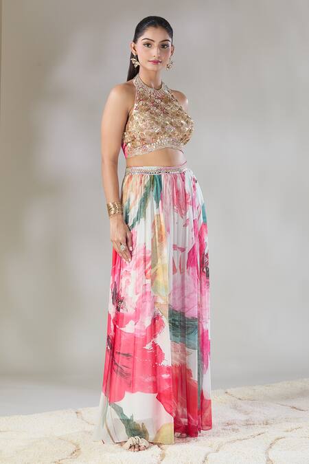 Buy_Basanti - Kapde Aur Koffee_Multi Color Crepe, Georgette Sequins, Beads, Embroidered Crop Top Sharara Set_Online_at_Aza_Fashions