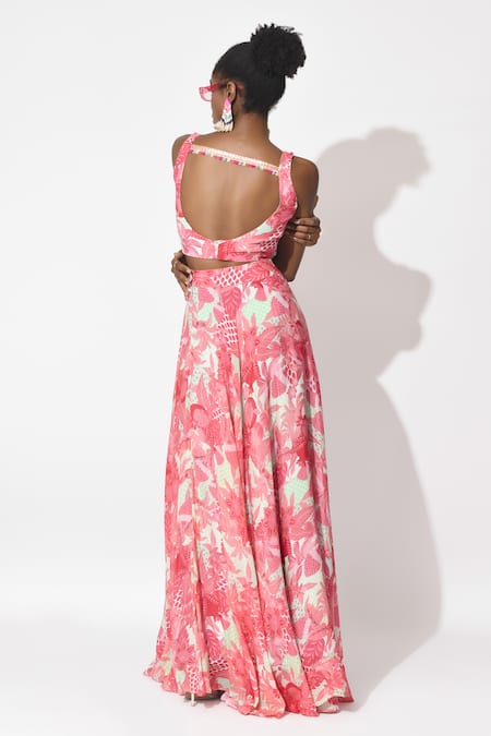 Shop_Rishi and Vibhuti_Pink Organza, Crepe Embroidery Scoop Neck Blushing Whispers Lehenga Set _at_Aza_Fashions