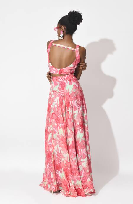 Rishi and Vibhuti_Pink Organza, Crepe Embroidery Scoop Neck Blushing Whispers Lehenga Set _Online_at_Aza_Fashions