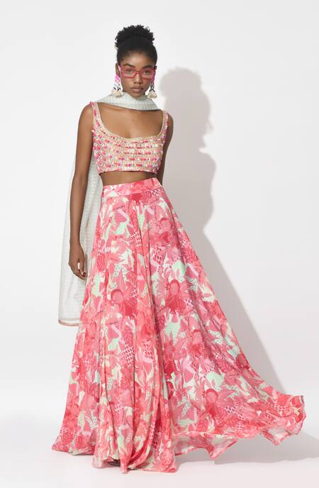 Buy_Rishi and Vibhuti_Pink Organza, Crepe Embroidery Scoop Neck Blushing Whispers Lehenga Set _Online_at_Aza_Fashions