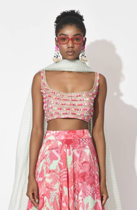 Rishi and Vibhuti_Pink Organza, Crepe Embroidery Scoop Neck Blushing Whispers Lehenga Set _at_Aza_Fashions