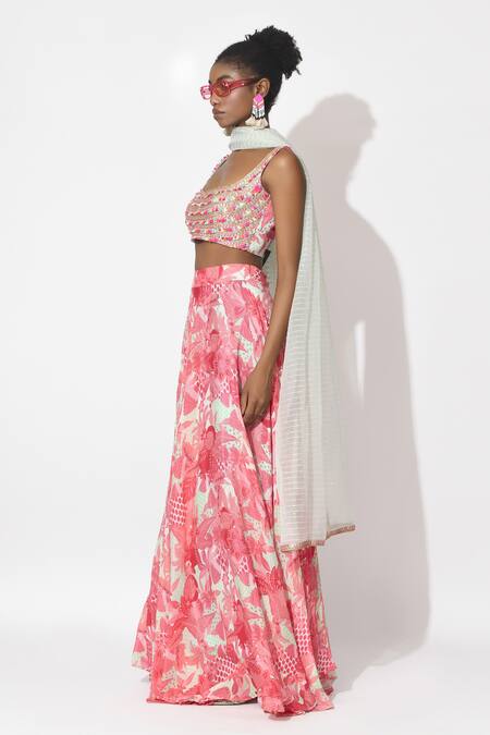 Buy_Rishi and Vibhuti_Pink Organza, Crepe Embroidery Scoop Neck Blushing Whispers Lehenga Set 