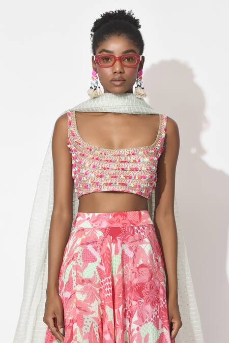 Shop_Rishi and Vibhuti_Pink Organza, Crepe Embroidery Scoop Neck Blushing Whispers Lehenga Set 