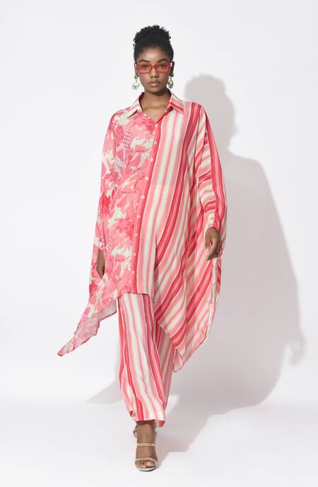 Rishi and Vibhuti_Pink Crepe Embroidery Collared Lumin Asymmetric Kurta And Pant Co-ord Set _Online_at_Aza_Fashions