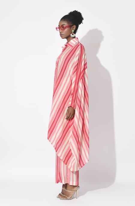 Buy_Rishi and Vibhuti_Pink Crepe Embroidery Collared Lumin Asymmetric Kurta And Pant Co-ord Set _Online_at_Aza_Fashions