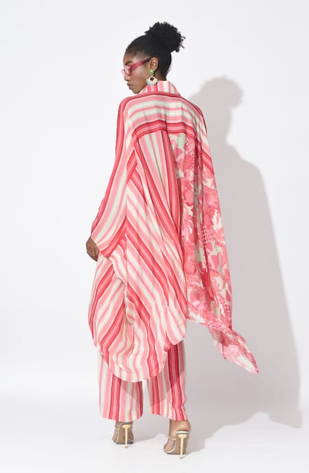 Shop_Rishi and Vibhuti_Pink Crepe Embroidery Collared Lumin Asymmetric Kurta And Pant Co-ord Set _Online_at_Aza_Fashions