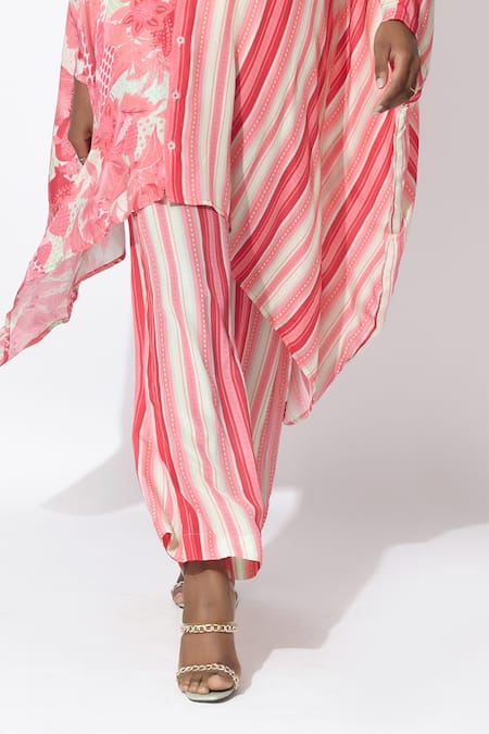 Buy_Rishi and Vibhuti_Pink Crepe Embroidery Collared Lumin Asymmetric Kurta And Pant Co-ord Set 