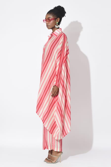 Shop_Rishi and Vibhuti_Pink Crepe Embroidery Collared Lumin Asymmetric Kurta And Pant Co-ord Set 