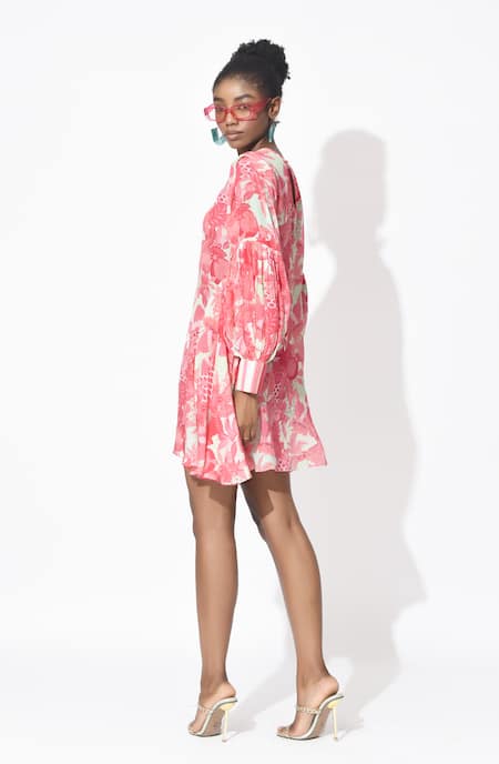 Buy Rishi and Vibhuti Pink Crepe Round Neck Mystic Floral Printed Dress Online at Aza Fashions Buy_Rishi and Vibhuti_Pink Crepe Round Neck Mystic Floral Printed Dress _Online_at_Aza_Fashions