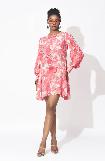 Shop Rishi and Vibhuti Pink Crepe Round Neck Mystic Floral Printed Dress Online at Aza Fashions Shop_Rishi and Vibhuti_Pink Crepe Round Neck Mystic Floral Printed Dress _Online_at_Aza_Fashions