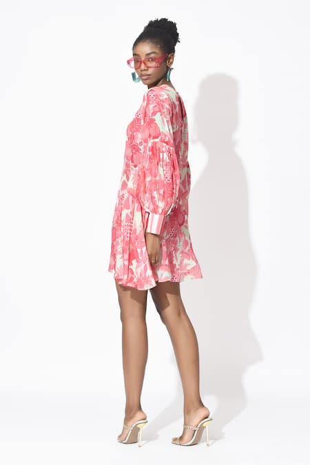 Rishi and Vibhuti Pink Crepe Round Neck Mystic Floral Printed Dress at Aza Fashions Rishi and Vibhuti_Pink Crepe Round Neck Mystic Floral Printed Dress _at_Aza_Fashions