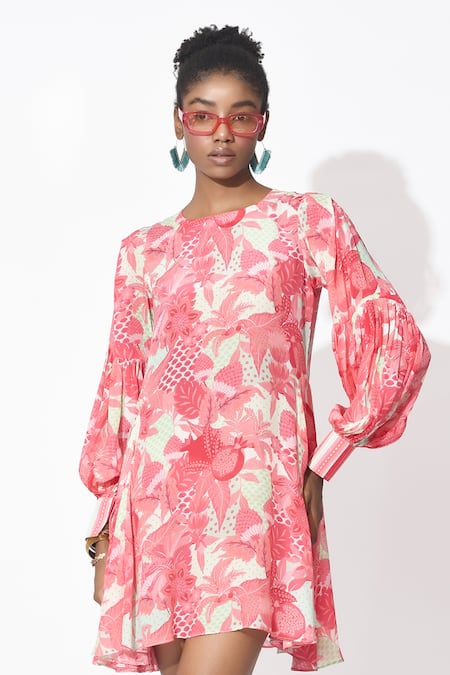 Buy Rishi and Vibhuti Pink Crepe Round Neck Mystic Floral Printed Dress Buy_Rishi and Vibhuti_Pink Crepe Round Neck Mystic Floral Printed Dress