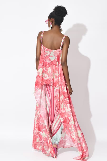 Shop Rishi and Vibhuti Pink Crepe Fringe Square Neck Breezy Bay Kurta With Dhoti at Aza Fashions Shop_Rishi and Vibhuti_Pink Crepe Fringe Square Neck Breezy Bay Kurta With Dhoti _at_Aza_Fashions