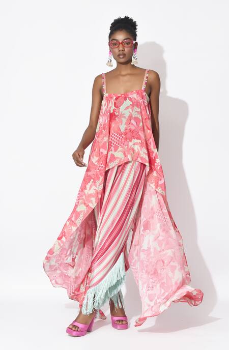 Rishi and Vibhuti Pink Crepe Fringe Square Neck Breezy Bay Kurta With Dhoti Online at Aza Fashions Rishi and Vibhuti_Pink Crepe Fringe Square Neck Breezy Bay Kurta With Dhoti _Online_at_Aza_Fashions