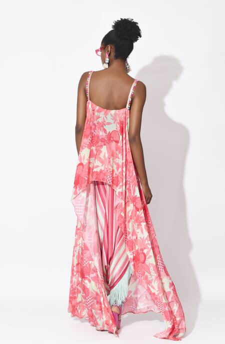 Shop Rishi and Vibhuti Pink Crepe Fringe Square Neck Breezy Bay Kurta With Dhoti Online at Aza Fashions Shop_Rishi and Vibhuti_Pink Crepe Fringe Square Neck Breezy Bay Kurta With Dhoti _Online_at_Aza_Fashions