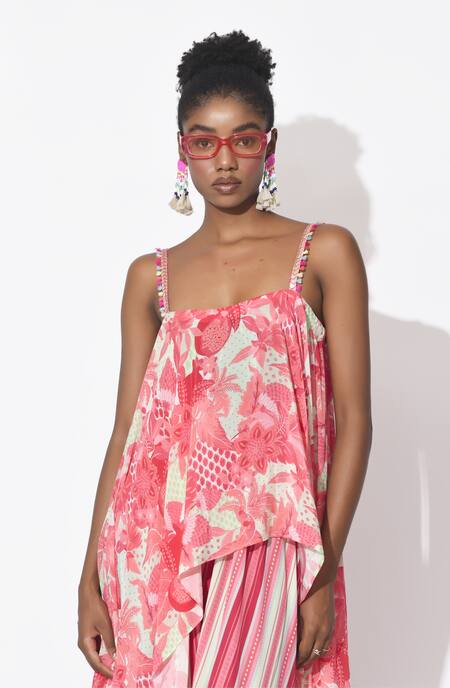 Rishi and Vibhuti Pink Crepe Fringe Square Neck Breezy Bay Kurta With Dhoti at Aza Fashions Rishi and Vibhuti_Pink Crepe Fringe Square Neck Breezy Bay Kurta With Dhoti _at_Aza_Fashions