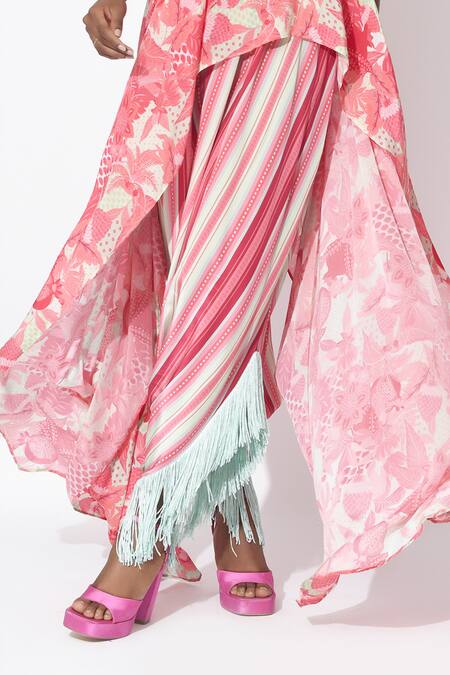 Shop Rishi and Vibhuti Pink Crepe Fringe Square Neck Breezy Bay Kurta With Dhoti Shop_Rishi and Vibhuti_Pink Crepe Fringe Square Neck Breezy Bay Kurta With Dhoti