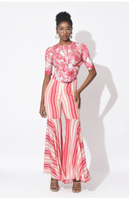 Rishi and Vibhuti_Pink Crepe Sequins, Embroidery Round Neck Love Struck Corset With Sharara _Online_at_Aza_Fashions