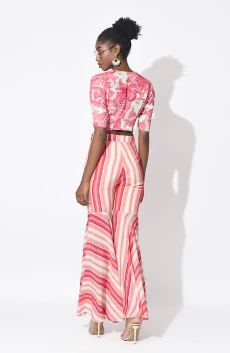 Rishi and Vibhuti_Pink Crepe Sequins, Embroidery Round Neck Love Struck Corset With Sharara _at_Aza_Fashions