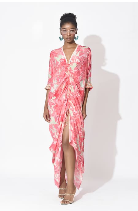 Rishi and Vibhuti_Pink Crepe V-neck Passion Petal Printed Kaftan Dress _Online_at_Aza_Fashions