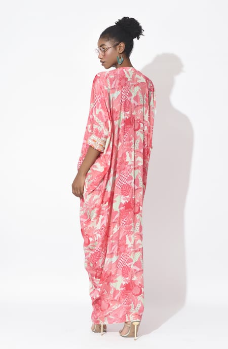 Buy_Rishi and Vibhuti_Pink Crepe V-neck Passion Petal Printed Kaftan Dress _Online_at_Aza_Fashions