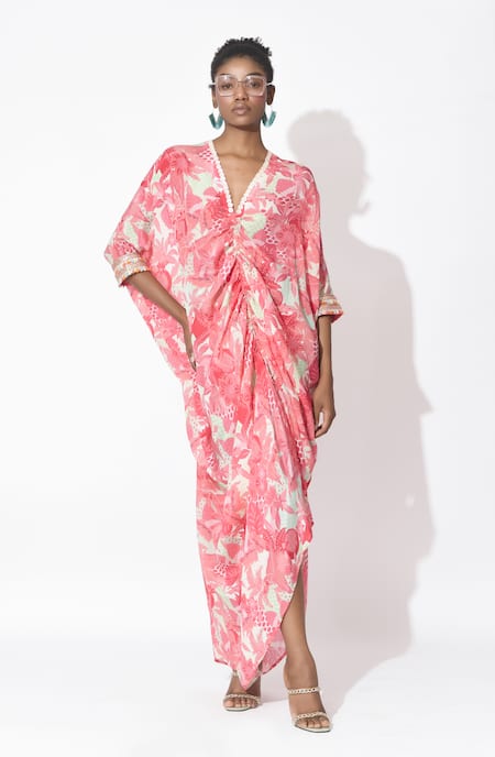 Shop_Rishi and Vibhuti_Pink Crepe V-neck Passion Petal Printed Kaftan Dress _Online_at_Aza_Fashions