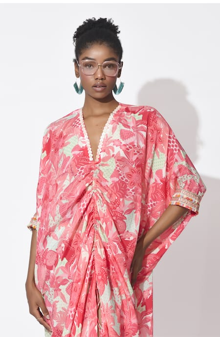 Rishi and Vibhuti_Pink Crepe V-neck Passion Petal Printed Kaftan Dress _at_Aza_Fashions