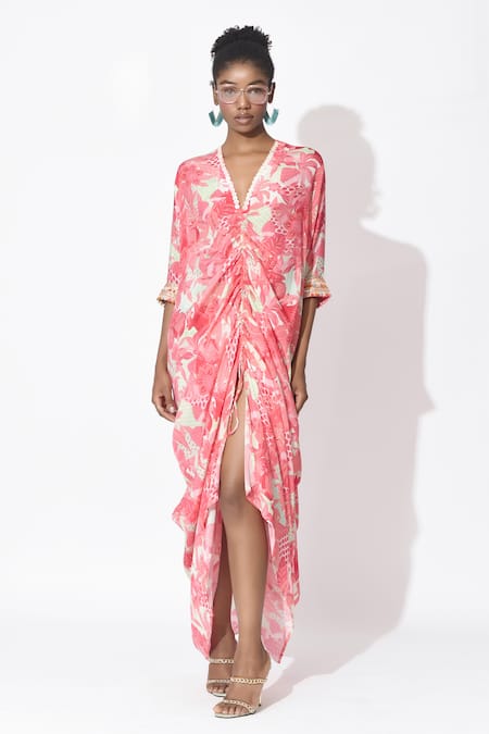 Buy_Rishi and Vibhuti_Pink Crepe V-neck Passion Petal Printed Kaftan Dress 