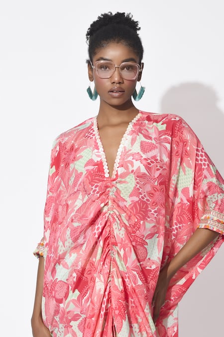 Shop_Rishi and Vibhuti_Pink Crepe V-neck Passion Petal Printed Kaftan Dress 