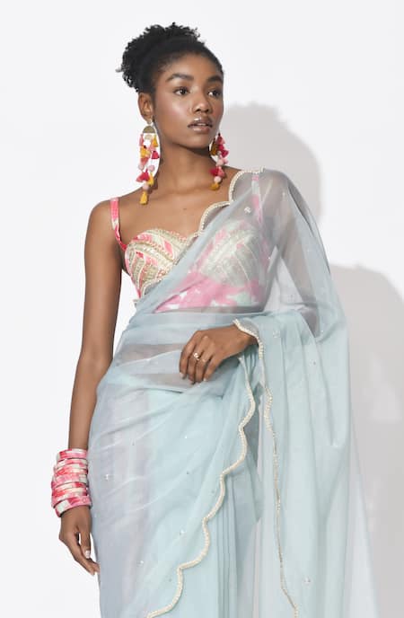 Rishi and Vibhuti Blue Crepe Embroidery Sweetheart Neck Cupid Hand Saree With Blouse Online at Aza Fashions Rishi and Vibhuti_Blue Crepe Embroidery Sweetheart Neck Cupid Hand Saree With Blouse _Online_at_Aza_Fashions