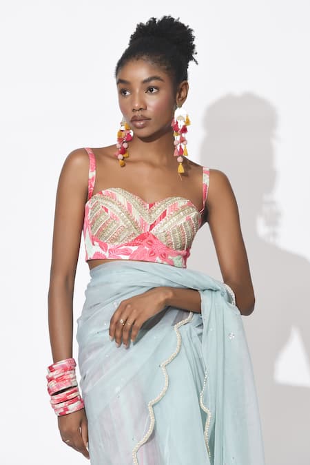 Rishi and Vibhuti Blue Crepe Embroidery Sweetheart Neck Cupid Hand Saree With Blouse at Aza Fashions Rishi and Vibhuti_Blue Crepe Embroidery Sweetheart Neck Cupid Hand Saree With Blouse _at_Aza_Fashions